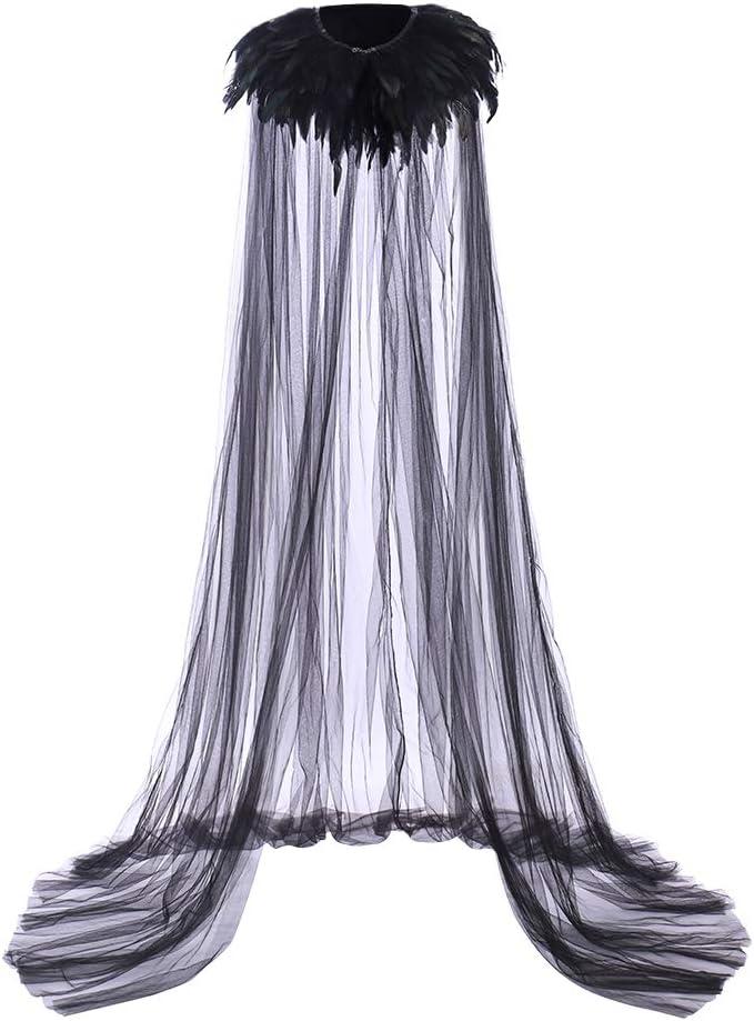 CosplayDiy Adult Gothic Feathered Witch Vampire Cape Evil Queen Cosplay Feather Collar Cape Steampunk Cloak (Black)