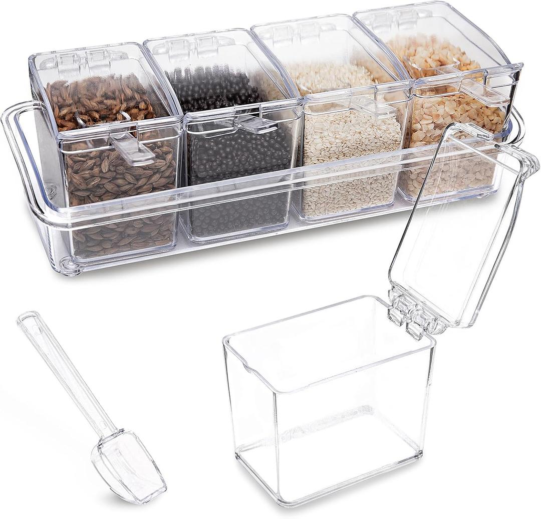 XJMWXHFC Clear Seasoning Box, 4 Pieces Seasoning Rack Spice Pots, Storage Container Condiment Jars Acrylic Seasoning Box with Covers and Spoons for Spice, Sugar, Salt, Sugar, Cardamon, Cinnamon
