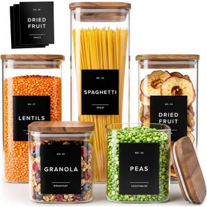 Glass Pantry Storage Jars Containers with Acacia Lids and Labels - Set of 5 | Extra Thick Square Glass Canisters with Acacia Wood Lids and 54 Pre-printed Pantry Labels keeps dry Goods Fresh and Organized