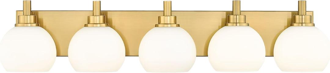 METWET 5-Light Brushed Gold Bathroom Vanity Light, Milk White Glass Globes | Ideal for 36-48" mirrors, 32" modern bathroom light fixtures over mirror, E26 base, bulbs not included, VL195-BG-ML-5