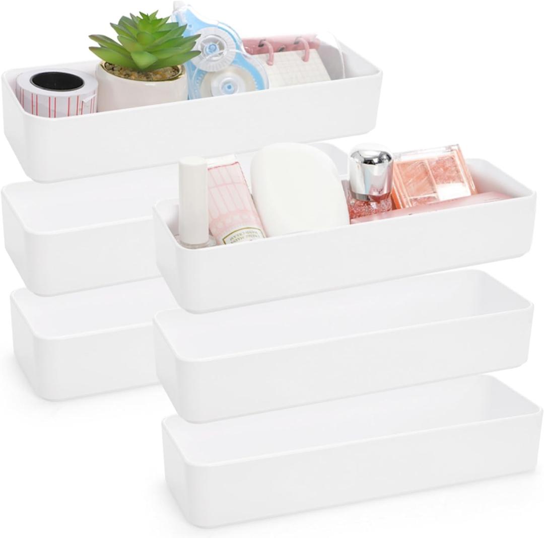 6 Pack Plastic Drawer Organizer, 10'' x 3.3'' x 1.8'' White Stackable Vanity Storage Tray, Narrow Rectangular Organizer Bins for Makeup, Bathroom, Kitchen, Office Desktop Supplies
