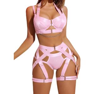 Avidlove Lingerie Set for Women Sexy Strappy Lingerie Underwire Push Up Bra Garter Set Lingerie with Chain (XX-Large, Pink)