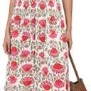 Women's Boho Floral Midi Dress V Neck Smocked Waist Casual A Line Flowy Summer Dress, Red