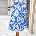 PRETTYGARDEN Women's Floral Midi Dress Casual Fall V Neck Long Sleeve Flowy Spring Beach Wedding Guest Vacation Dresses (Blue, XXL)