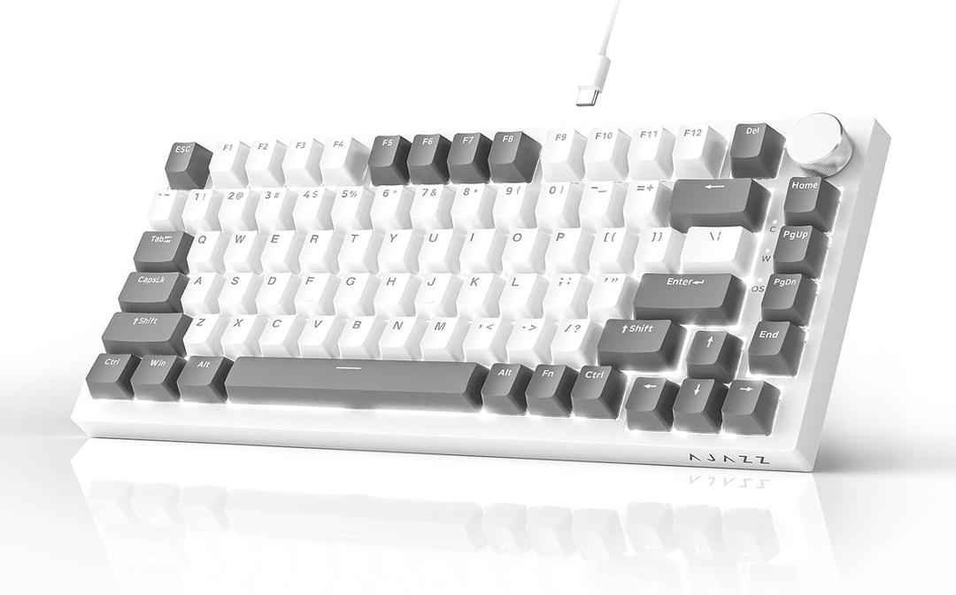 Ajazz AK820 75% Wired Mechanical Gaming Keyboard, Gasket Mounted Hot Swappable Custom Keyboard with Volume Knob, 5-Layer Sound Dampening Padding, PBT Keycaps, 82 Keys, Grey White