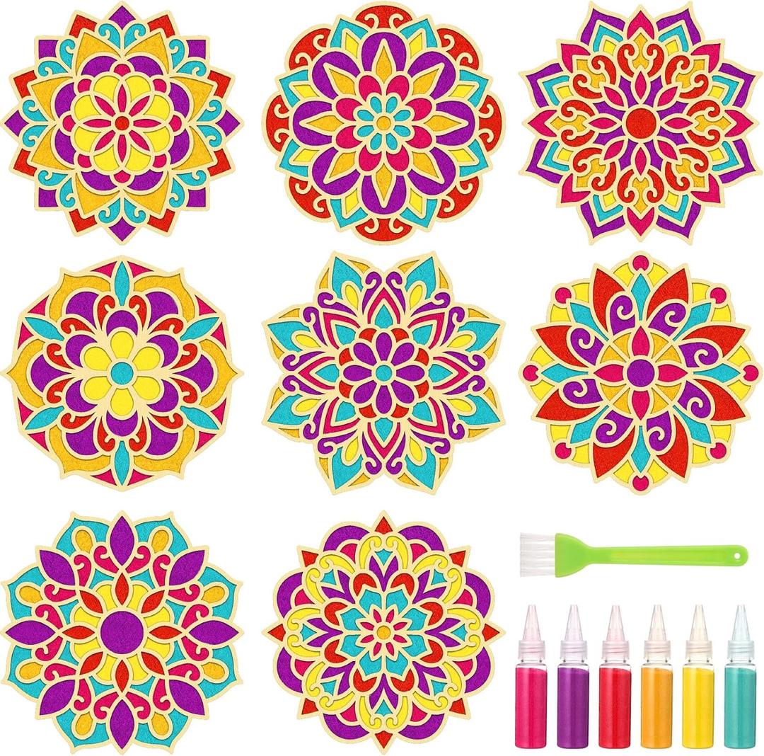 Soulchen 8pcs Diwali Mandala Sand Painting Art Set Wooden DIY Floral Rangoli Mat Easy to Use or to Fill Rangoli Template Decorative Boards for Indian Traditional Festival Decor