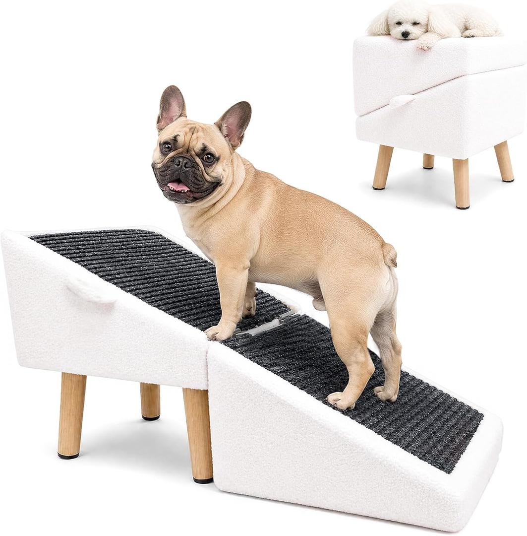16" H Dog Stairs & Ramp for Small Dogs, 2-in-1 Foldable Wooden Dog Ramp for Low Bed and Couch, Non-Slip Split Ottoman Pet Ramp, Safe for Puppies, Senior, Injured Dogs, White