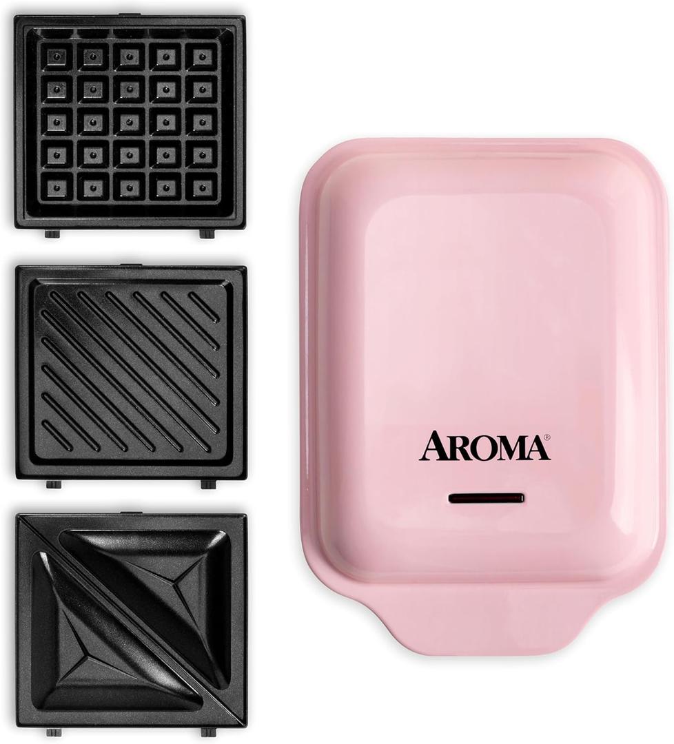 AROMA 3-in-1 Panini Press, Sandwich Grill, and Waffle Maker with Removable Ceramic Coated Plates (Pink)