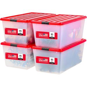 IRIS USA 91 Qt. Stackable Plastic Storage Bins with Lids, 4 Pack - BPA-Free, See-Through Organizing Solution, Latches, Durable Nestable Containers, Secure Pull Handle, Made in USA - Red