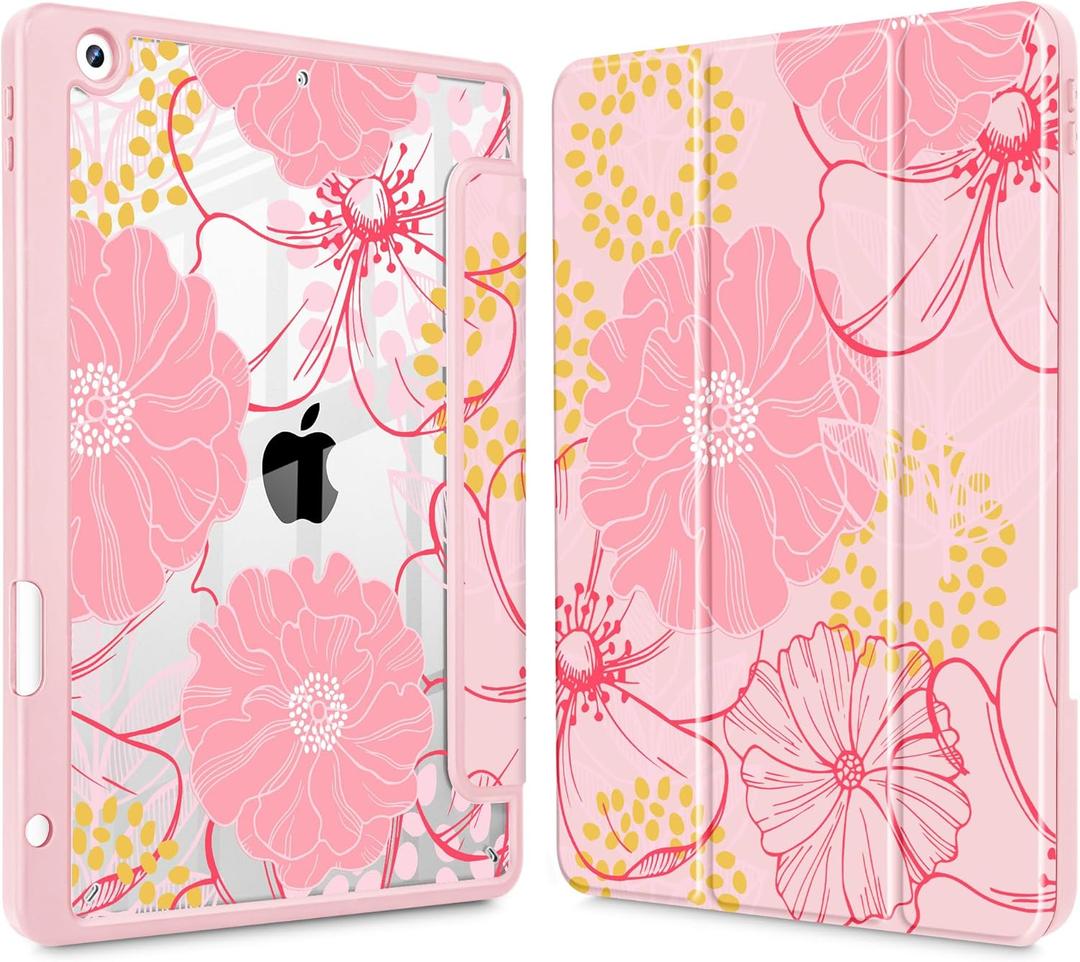 May Chen for iPad 9th Generation with Pencil Holder, iPad 8th/7th Gen Case 10.2-inch, [Penceil Holder] Trifold Stand Auto Wake/Sleep Clear TPU Protection Back Cover, Pink Flowers