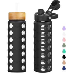 MUKOKO Glass Water Bottles, 24oz Glass Tumbler with Straw, Drinking Bottles with 2 Lids-Handle Spout Lid&Bamboo Straw Lid, Motivational Water Bottle with Time Marker and Silicone Sleeve, 1 Pack-Black