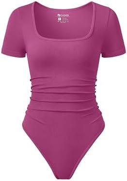 OQQ Women Bodysuits Ruched Short Sleeve Square Neck Stretch Lounge Travel Bodysuits, XL