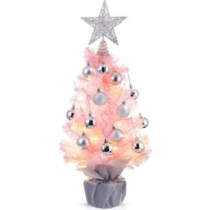 Sumind 24 Inch/2 ft Mini Pink Christmas Tree with Lights Tabletop Christmas Tree with 24 Pcs Ball Ornament Star DIY Pre-lit Small Artificial Pine for Xmas Table Home Indoor Decor(Silver Balls)