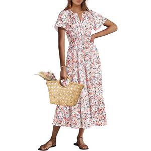 ANRABESS Women's Summer Short Sleeve Maxi Dress 2025 Casual V Neck High Waist A-Line Flowy Loose Tiered Boho Long Dresses (Medium, Deep Pink Floral)