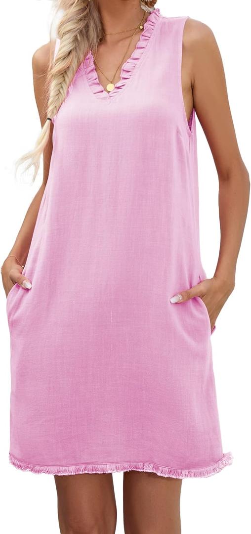 Famulily Women Cute Sleeveless Ruffled Deep V Neck Dresses Cotton Linen Dress for Summer Casual Shift Dress with Pockets Large