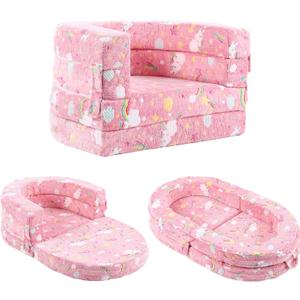 Tiita 3-in-1 Kids Sofa Bed, Comfy Couch Plush Toddler Chair Bed, Convertible Toddler Travel Beds, Folding Kids Couch with Washable Cover Carrying Handle for Girls and Boys (Pink Rainbow-1)