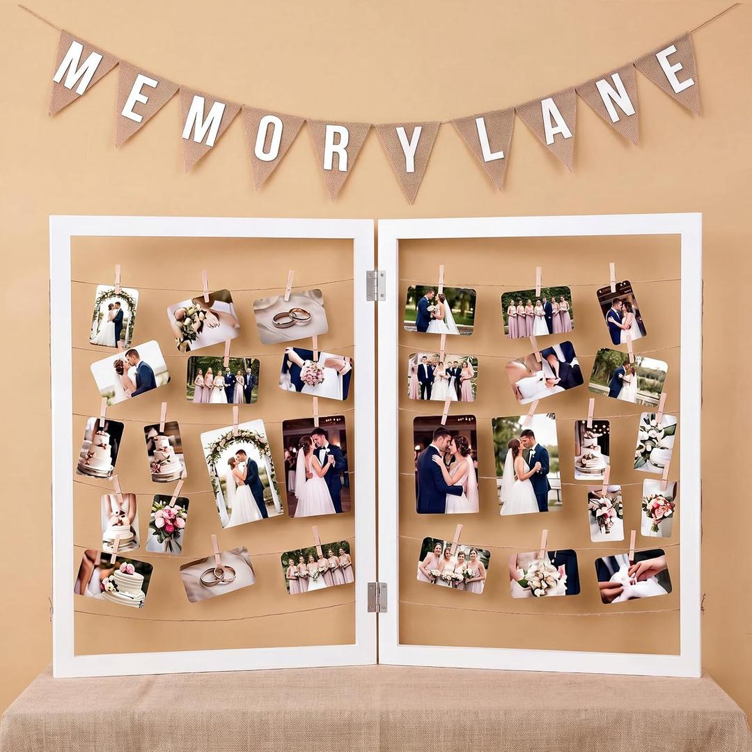 Cinnvoice 39.4x28 Inch Photo Display Board with Clips Number Sticker Burlap Banner Farmhouse Photo Display Rack Rustic Picture Frame Board for Wedding Back to School Party Decor