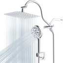 Hibbent All Metal Shower Head, 10'' High Pressure Rainfall Shower Head/Handheld Showerhead Combo with 12'' Adjustable Curved Shower Extension Arm, 7 Sprays, 71'' Shower Hose, Showerhead Holder, Chrome