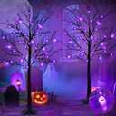 2 Pack & Timer - 5 Ft Tall Prelit Halloween Tree with 128 LED and 32 Purple Bats Black Spooky Tree Halloween Decorations Outdoor Indoor Home Yard Gardens Party Decor (Adapter/8 Ground Stake)