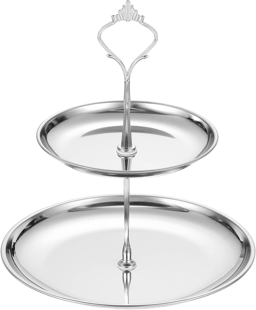 uxcell 1 Set 2-Tier Cupcake Stand Holder, Round Tiered Serving Tray Stainless Steel Cup Cake Stand for Dessert Fruit Table Birthday Party Decoration Display, Silver