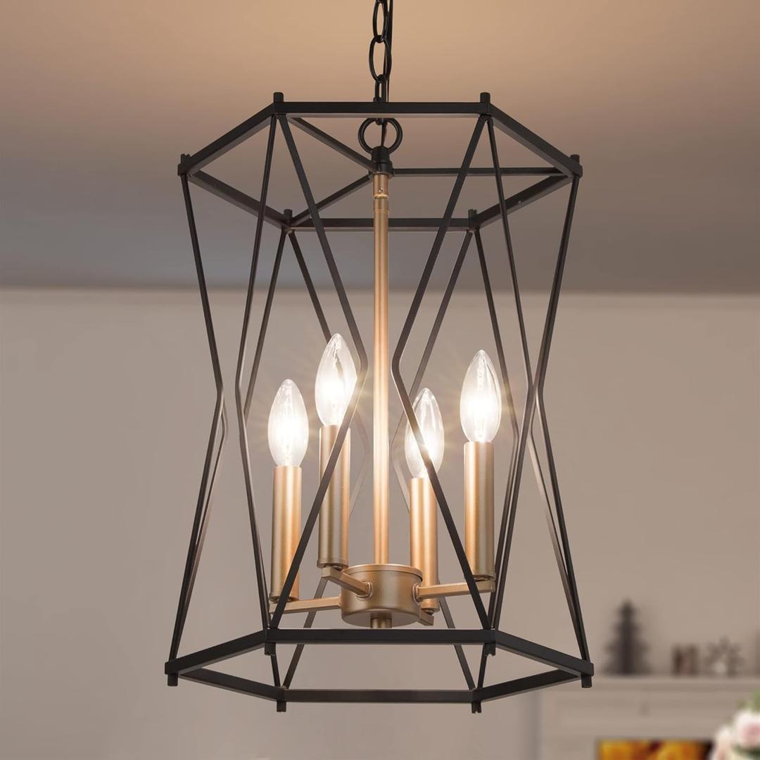 Durent Lighting Black and Gold Chandelier, Modern 4 Light Chandelier Light Fixture with Cage Shape for Dining Room, Bedroom, Living Room, Kitchen Island and Foyer
