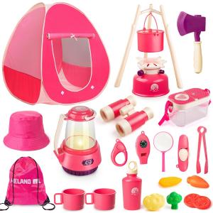 Meland Kids Camping Set for Girls - Camping Tent Toys for Girls Indoor Outdoor Pretend Play, Christmas Birthday Gift Idea for Toddler Girls Age 3,4,5,6 Year Old (Pink)