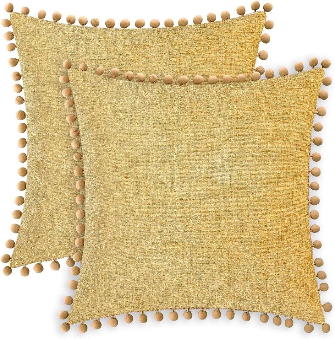 CaliTime Throw Pillow Covers Decorative 20 X 20 Inches Pack of 2 Cozy Solid Dyed Soft Chenille Cushion Cases with Pom Poms for Couch Sofa Bed Living Room Home Gold