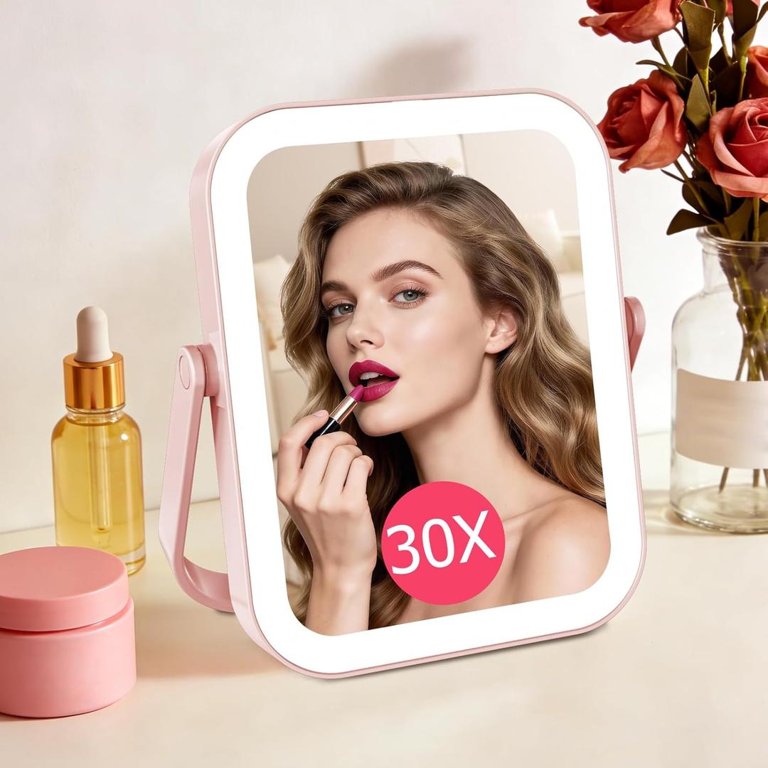 FUNTOUCH 30X/1X Travel Makeup Mirror with Lights, 3000mAh Rechargeable 2-Sided Magnifying Mirror, Portable Vanity Mirror, 3-Color Lighting Dimmable Touch Screen, for Women Gift, Pink