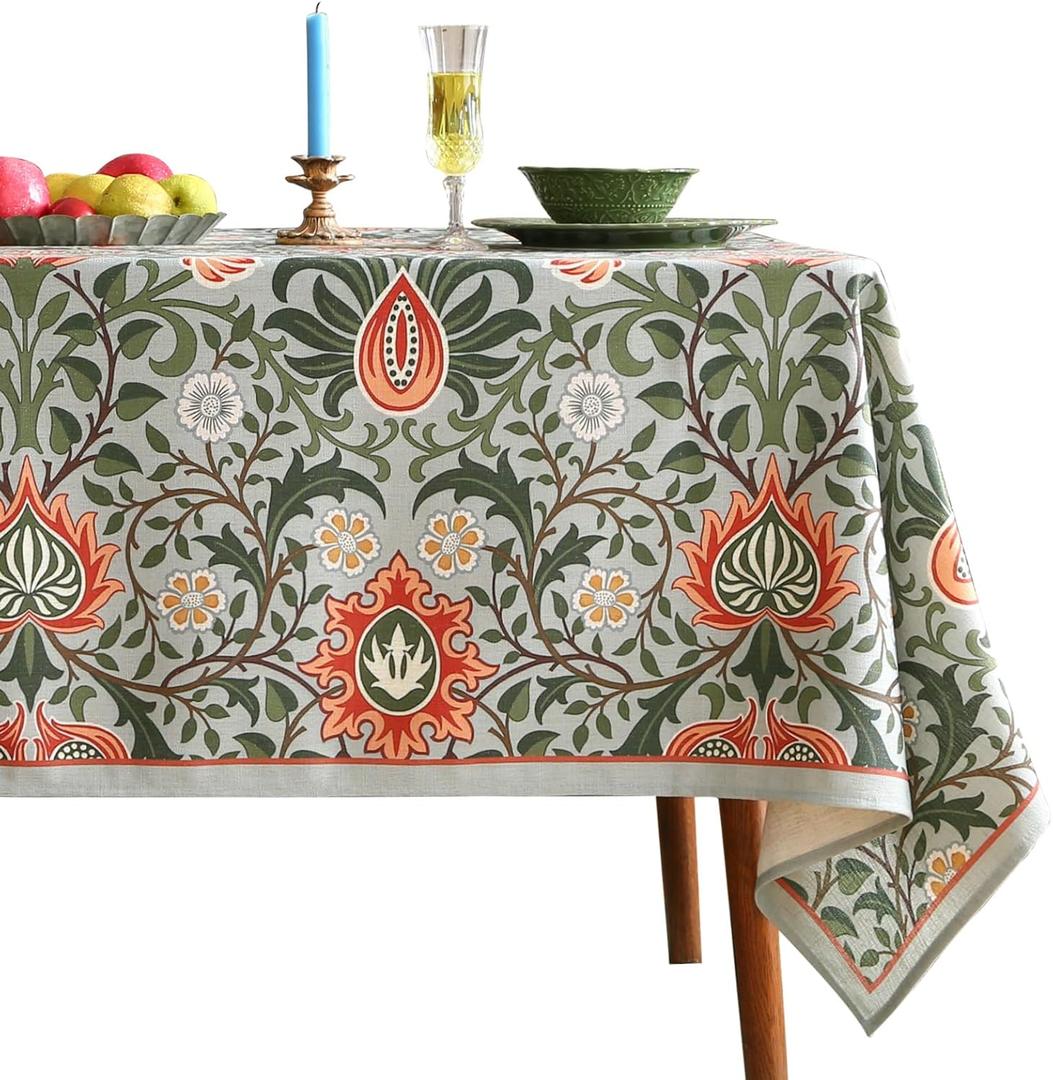 ISAENNE Designer Bohemian Linen Green Small Square Tablecloth,Floral Indoor Table Cloth,Stain Resistant Home Decor Tablecloths for Dining Thanksgiving Kitchen Party Christmas,67"*67"-Naples