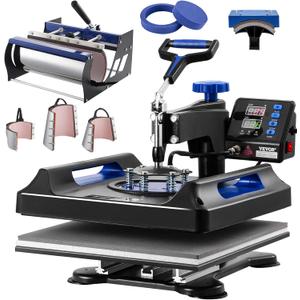 VEVOR Pro 15x15 Heat Press with 30 OZ Tumbler Attachment, 8in1 Combo Tumbler Hat Heat Press for T-Shirts, Tumblers Glass Cans Mugs Hats Caps, and Plates (Black & Blue)