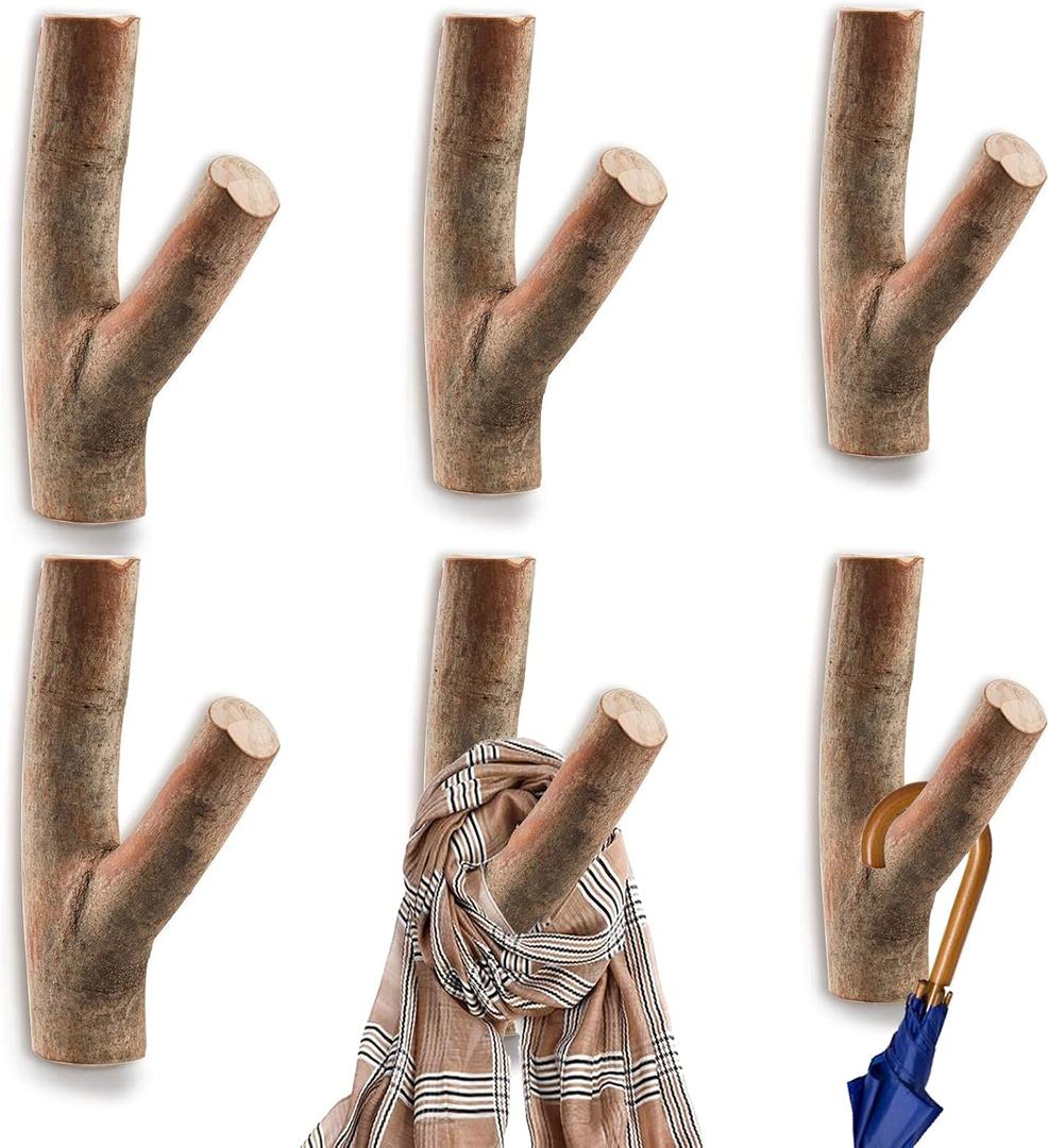 DEAYOU 6 Pack Wood Wall Hooks, Tree Branch Real Wooden Hooks for Hanging, Adhesive Farmhouse Rustic Hat Coat Hooks Wall Stickers for Towels, Bags, Scarves, Keys, Decoration (Width 0.8"-1.2")