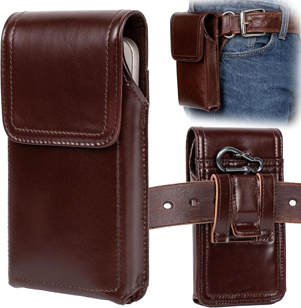 Leather Phone Holster - Genuine Full-Grain Buffalo Leather Cell Phone Holsters - for iPhone 16, 15, 14, 13pro, Galaxy S24, S23, S22-7.3" X 3.8" (Coffe, Large)