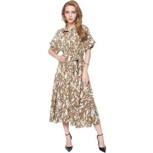 Women's Summer Leopard Print Casual Dress - Shirt Collar V-Neck Short Sleeve Flowy A-Line Dress (XL)