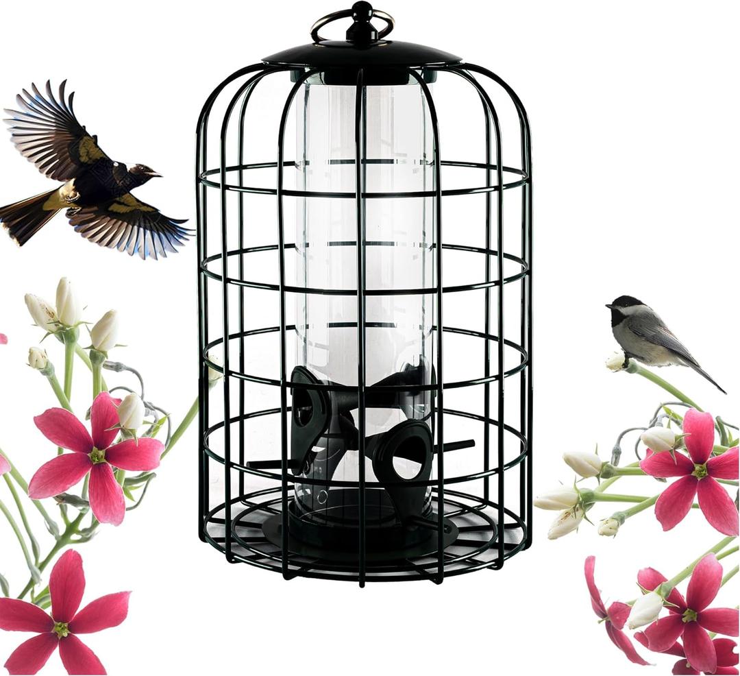 Nature's Rhythm Outdoor Hanging Bird Feeder Cage PC Tube Squirrel Proof Wild Bird Feeder with Large Metal Seed Guard Deterrent (PC Tube Bird Feeder)