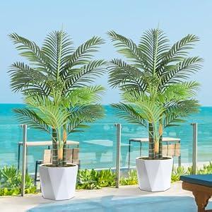 Keeplush 4ft Tall Triple Golden Cane Palm Artificial Tree 48" Large Tropical Palm Tree UV Resistant Fake Tree in Pot for Indoor Outdoor Big House Living Room Outside Patio Office Home Decor 2Pack