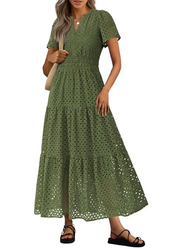 Zesica Womens 2025 Summer Maxi Dress Short Sleeve V Neck Hollow Out Eyelet A Line Long Flowy Beach Vacation Dresses (Army Green,Medium)