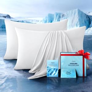 Ultra-Chill Cooling Pillowcase Set of 2 for Hot Sleepers, Softer Than Silk Pillow Cases for Protecting Hair & Skin, Breathable Bed Pillow Covers w/Zipper, Gifts for Women Men (White, Standard)