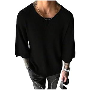 Verdusa Men's Drop Shoulder 3/4 Sleeve Sweaters Crew Neck Ribbed Knit Tops (Black, X-Large)