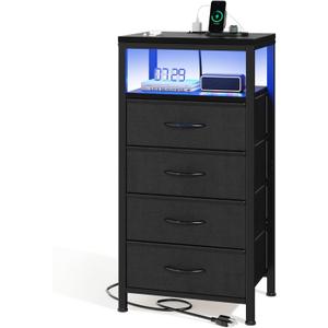 OLIXIS Nightstand with Charging Station, 4 Fabric Drawers Bedside Table, 15.7"Dx11.8"Wx33.6"H