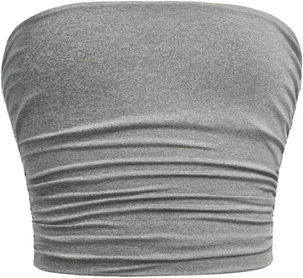 Girl's Ruched Strapless Tube Top Sleeveless Cropped Bandeau Basic Summer Cute Tops for Girls (Light Grey) 9Y S