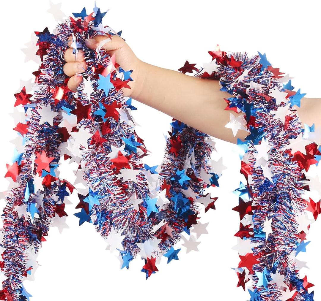 50 FT 4th of July Garland Decorations - Patriotic Star Tinsel Garland, Red White Blue Metallic Party Supplies Decor for America 250th Anniversary, Memorial Day Indoor Outdoor Porch Party Yard