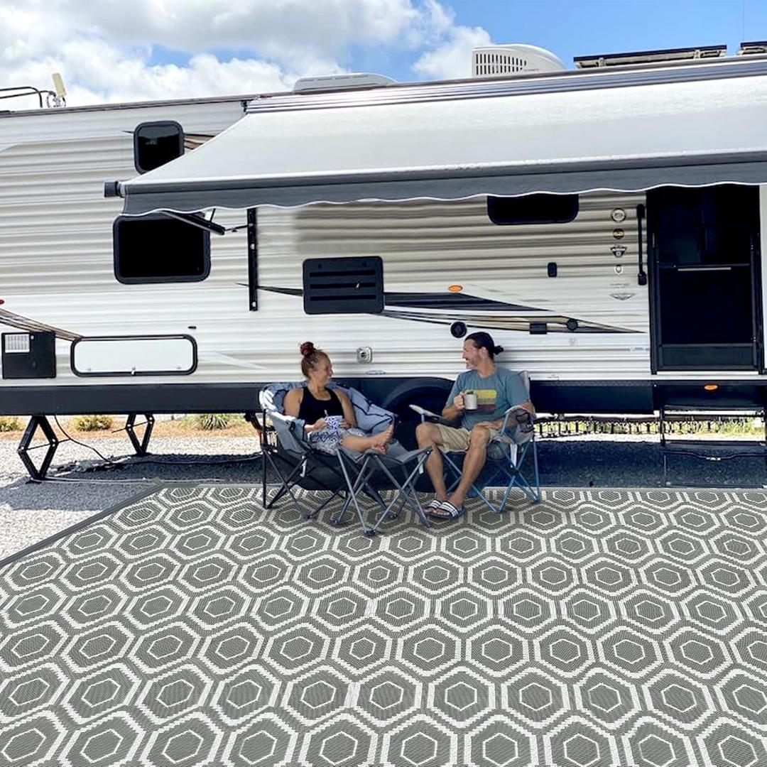 Outdoor Camping Rugs, Rug Patios Clearance Plastic Straw Rug Weatherproof Reversible Mats, Large Floor Mat for Outdoors, RV, Patio, Backyard, Deck, Picnic, Beach, Trailer, Camping (9' x 18', Grey & White)