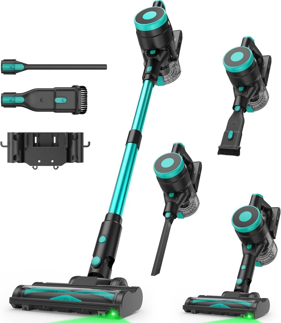 Zefiro 350W Cordless Vacuum Cleaner,45Mins Runtime Vacuum Cleaners for Home, Anti-Tangle and 1.5L Dust Cup, 6 in 1 Lightweight Vacuum for Hardwood Floor Carpet Pet Hair (Green03)