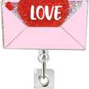 Valentine's Day Love Letter Nurse Badge Reel Retractable Glitter Cute Pink Red Name Tag Acrylic Alligator Clip Valentines Badge Clip ID Badge Holder for Nurse Work Teacher RN Student Cop Office Staff