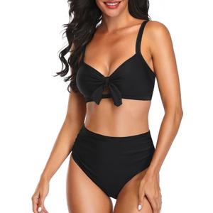 Tempt Me Two Piece Swimsuits - High Waisted Bikini Tummy Control Full Coverage Bathing Suits Ruched Tie Knot Swimwear (Black, XXL)