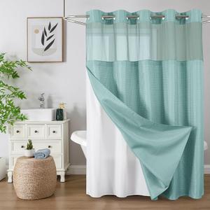 Colorful Star No Hook Shower Curtain with Snap in Fabric Liner, Waffle Weave Heavy Duty Thick Shower Curtains with Mesh Top Window, Hotel Style Waterproof Bathroom Curtain Set, 72 x 75 Inch, Teal (72"W x 75"L (Pack of 1))