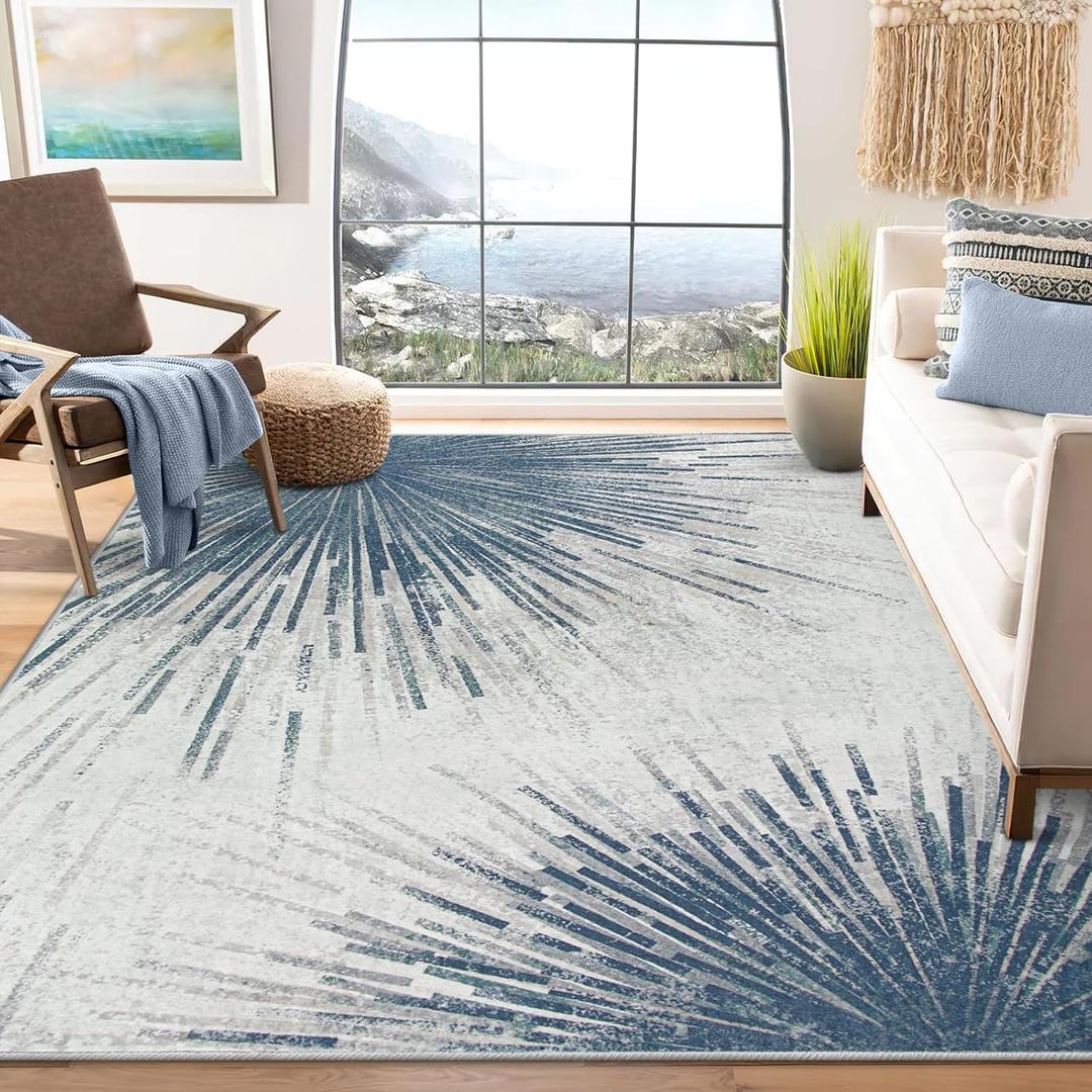 Lahome Modern 8x10 Rugs for Living Room - Washable Ultra-Thin Large Area Rug Throw Non-Slip Stain Resistant Rug for Dining Room Table, Abstract Print Carpet Rug for Bedroom Office (Blue/ Gray, 8'x10')