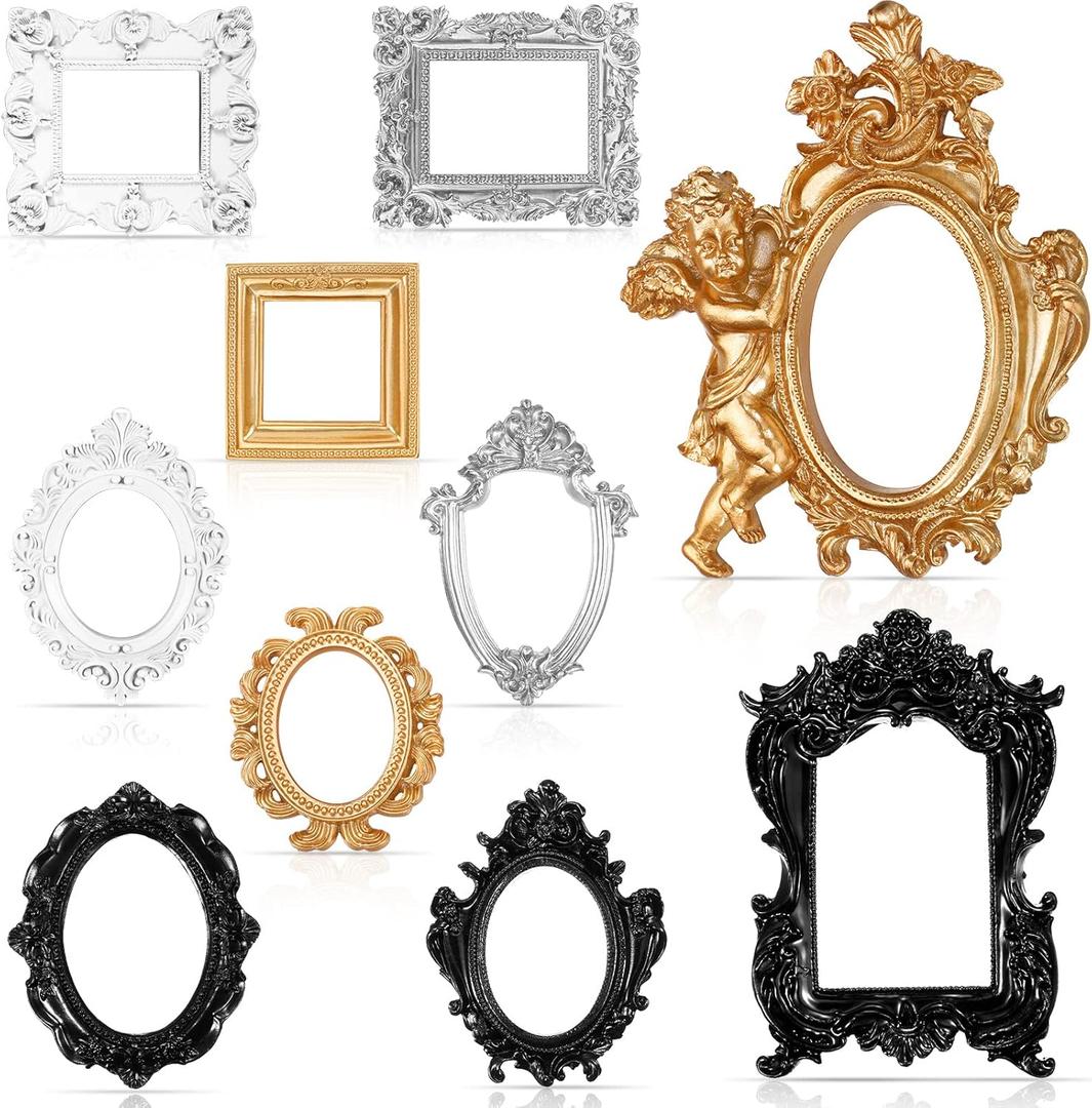 Yulejo 10 Pcs Mini Gold Picture Frames Small Vintage Resin Antique Photo Frame Tiny Baroque Ornate Frame for DIY Jewelry Display Wall Home Wedding Decor, Without Glass or Backing(Retro Colors)