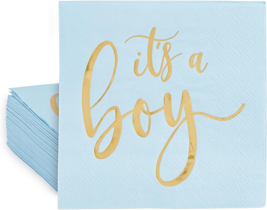 Sparkle and Bash 50 Pack Its a Boy Baby Shower Cocktail Napkins Party Supplies 5x5 inch, Blue with Gold Foil Table Napkin, Festive Gender Reveal Decorations for Special Occasions