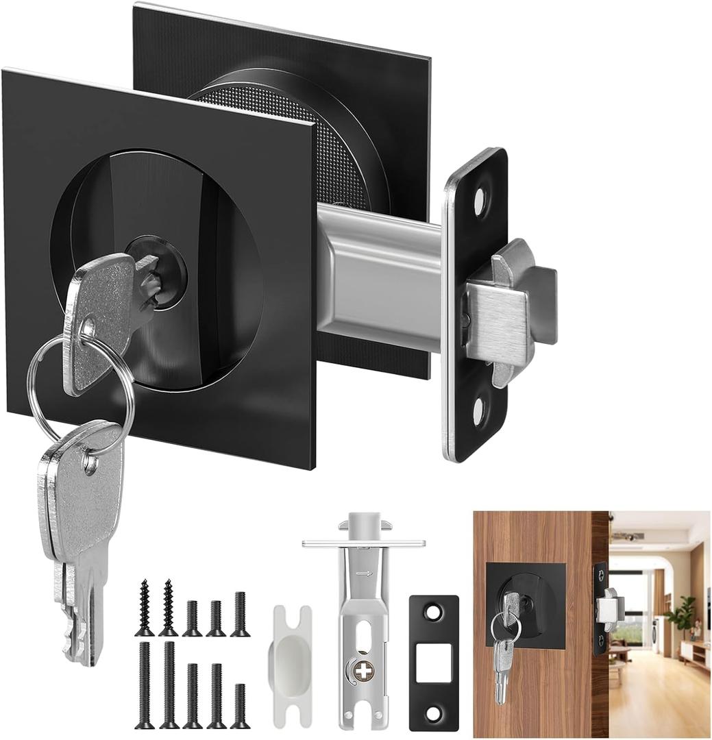 Square Door Hardware - Sliding Pocket Door Lock with Key, Flush Latch for Bed/Bath, Matte Black, 2-3/8" Backset